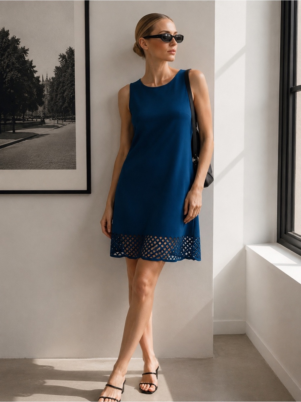 Leota Teal Blue Sleeveless Shift Dress Laser Cut Hem Stretch Knit NWT Medium